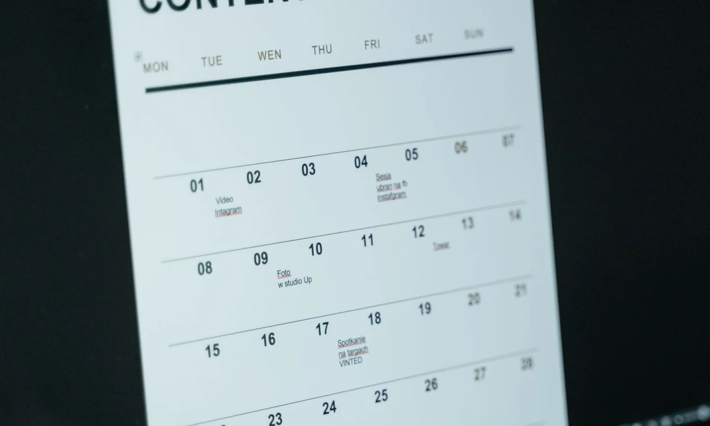 Close-up of a content calendar on a computer display